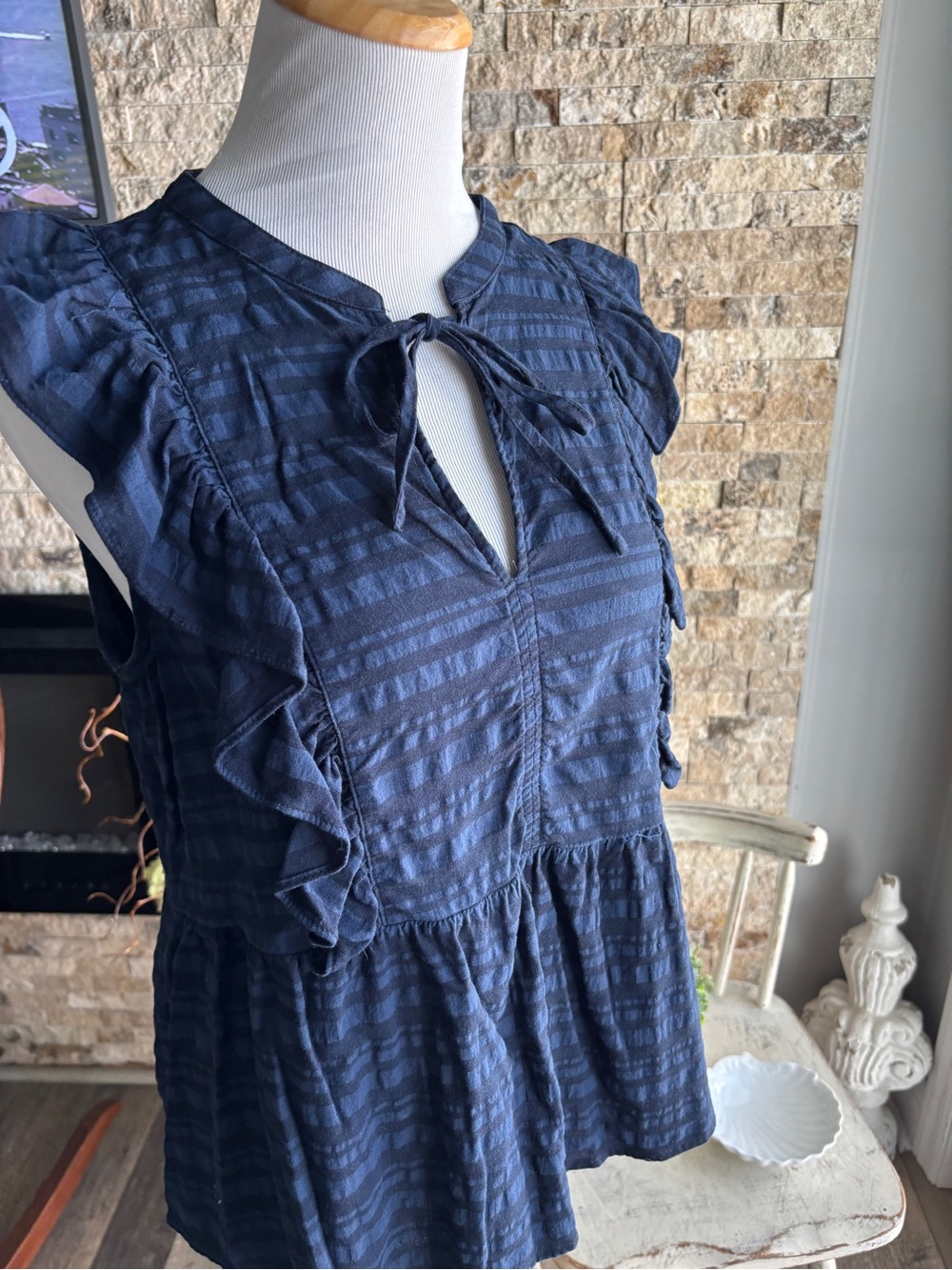 LOFT Navy Blue Ruffle Sleeve Peplum Blouse